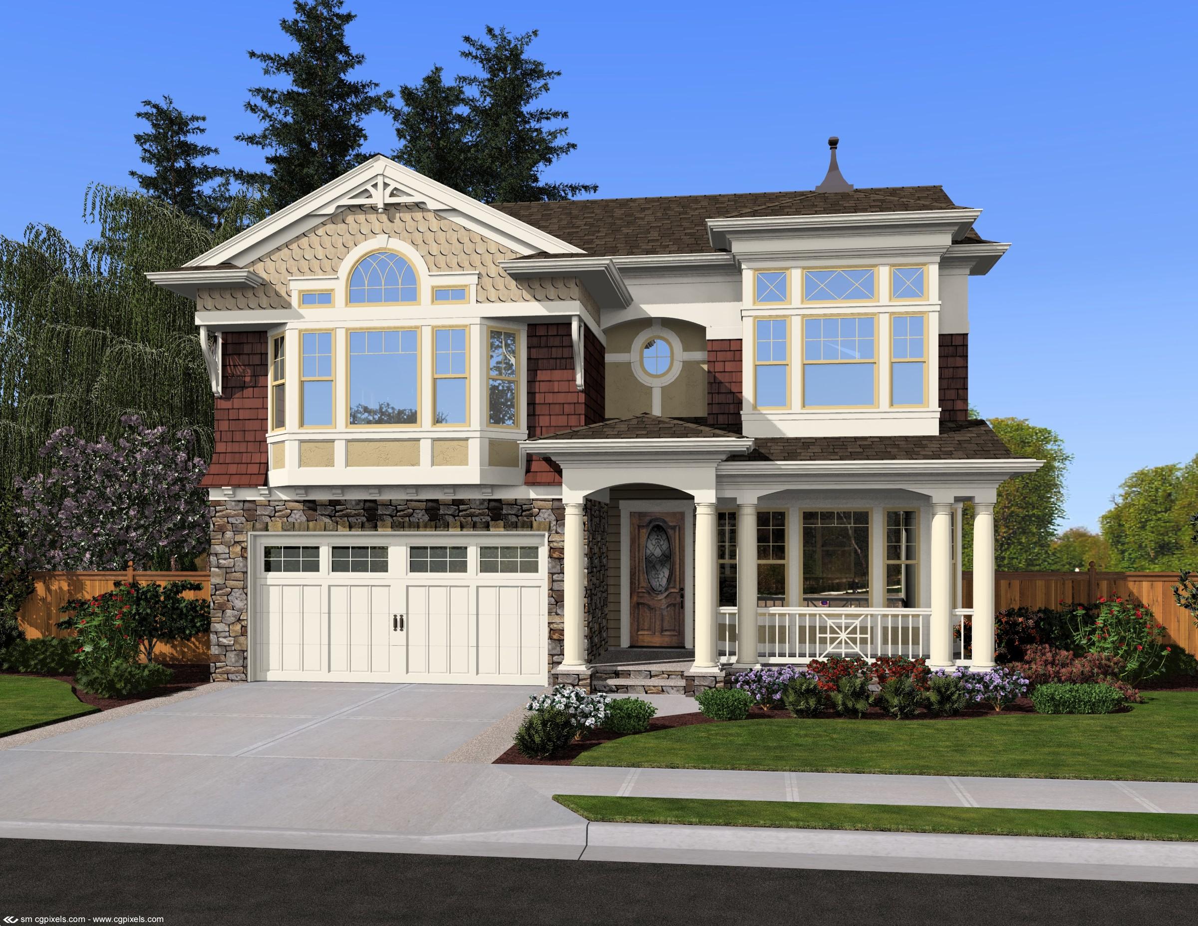 House plan exterior: Two-story Traditional style with stone and shake siding, bay windows, covered porch, and two-car garage.