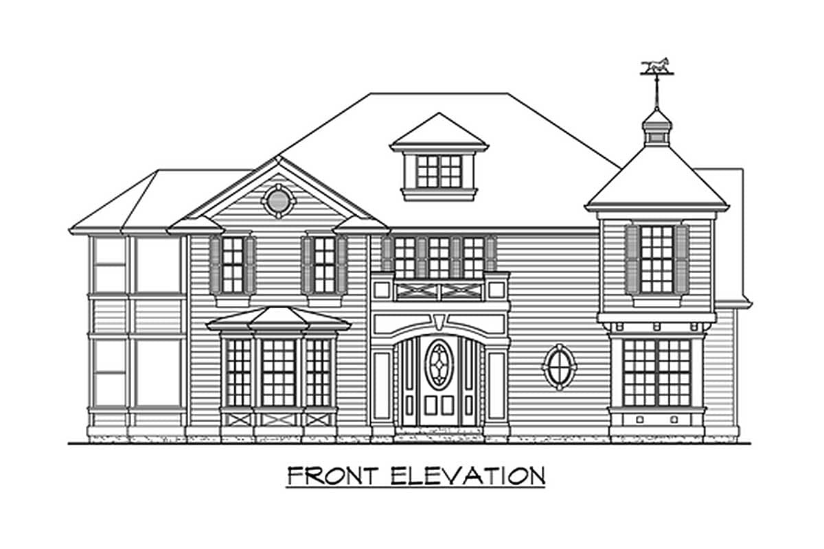 Front elevation of a two-story house plan featuring a prominent entrance, a cupola with a weather vane, and bay windows.
