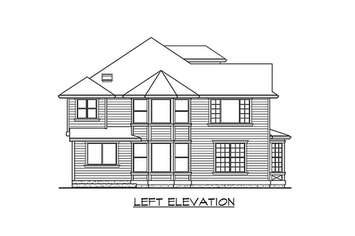 Left elevation drawing of a two-story house plan featuring multiple gables, varied window styles, and horizontal siding.