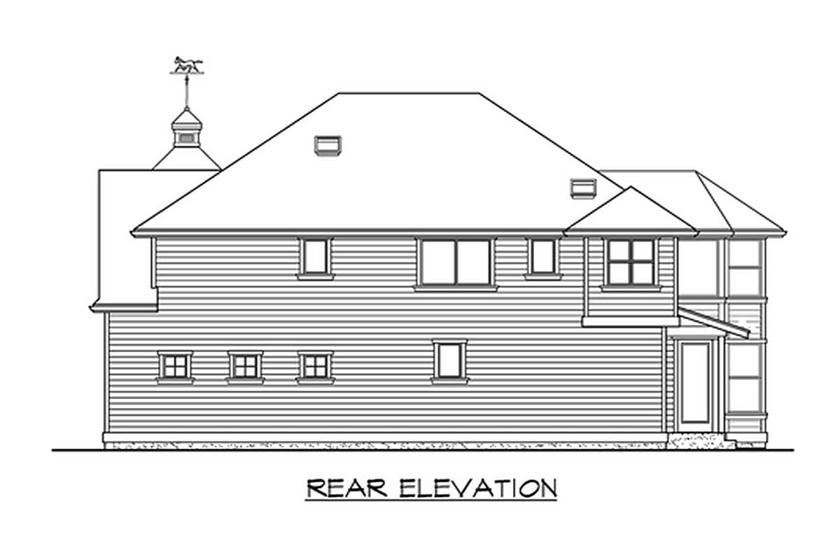 Rear elevation drawing of a two-story house plan with hip roof, dormers, and a cupola with weathervane.