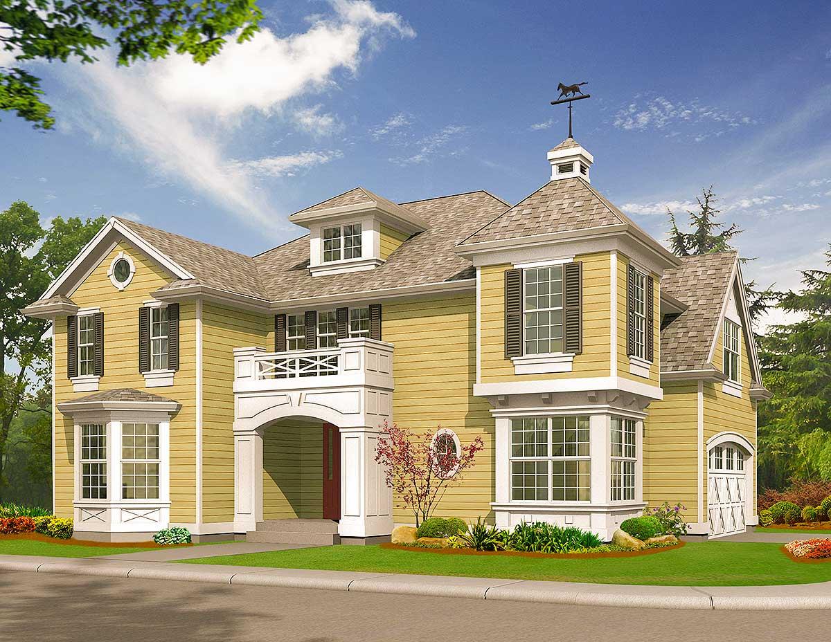 House plan exterior showing a two-story home with a covered arched entryway, balcony, bay windows, and a cupola with a weather vane.