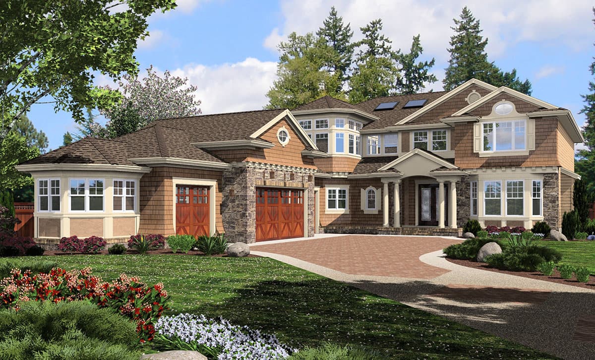 House plan exterior: multi-story home with stone accents, gabled dormers, bay windows, and a covered portico.