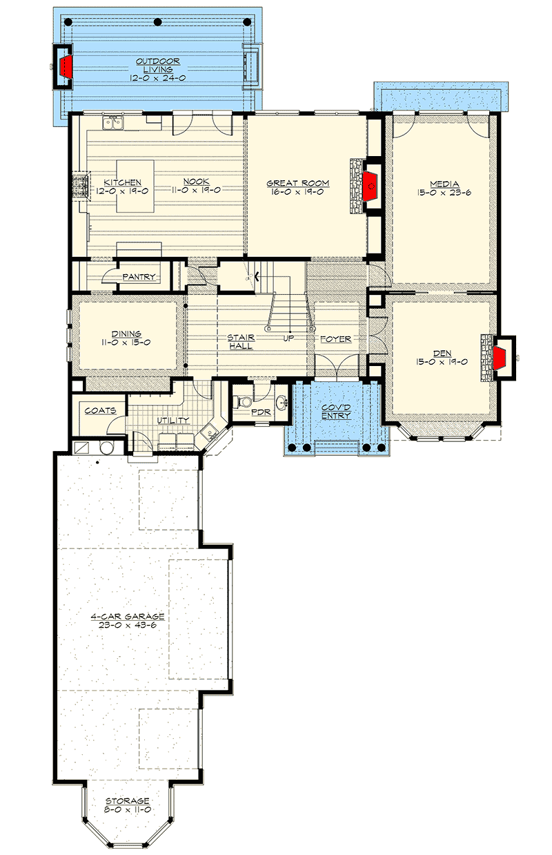 Plan 23470JD: Shingle-style House Plan with Two Master Suites - Floor Plan - Main Level - Craftsman, New American, Northwest, Shingle