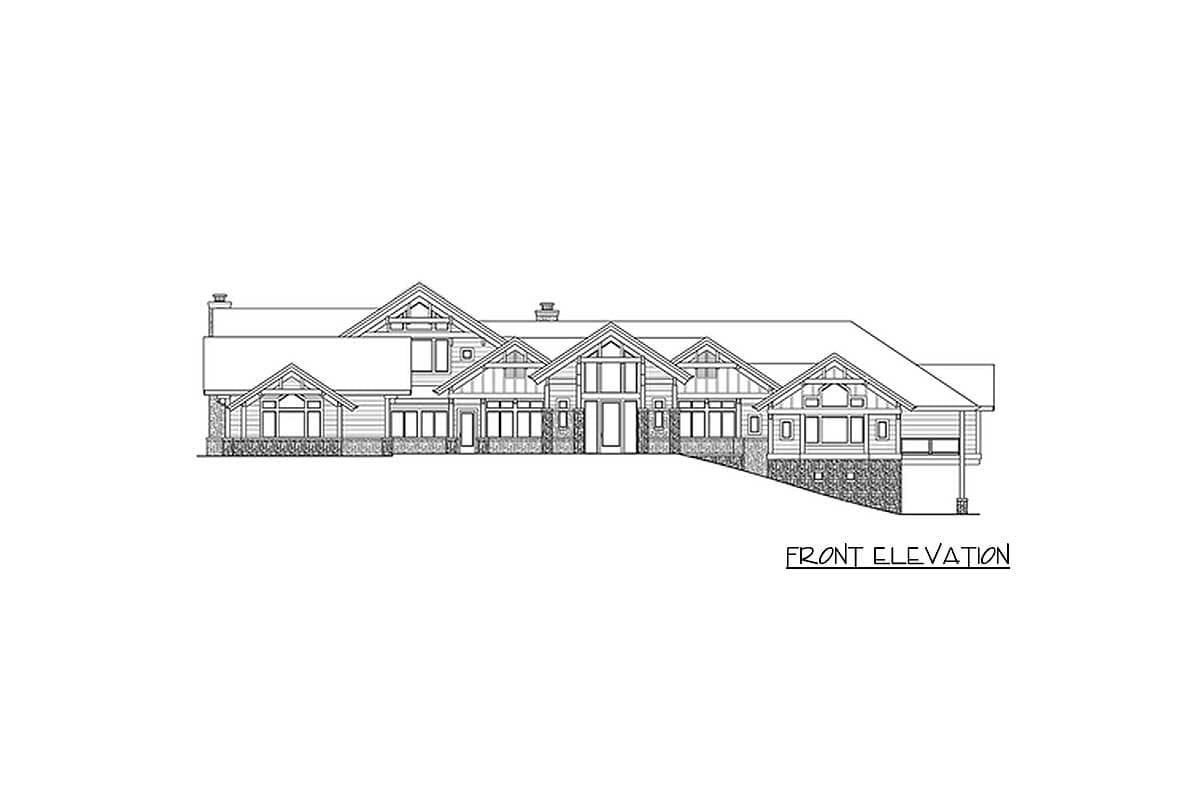 Front elevation drawing of a two-story house plan with multiple gables, stone base, and prominent windows.
