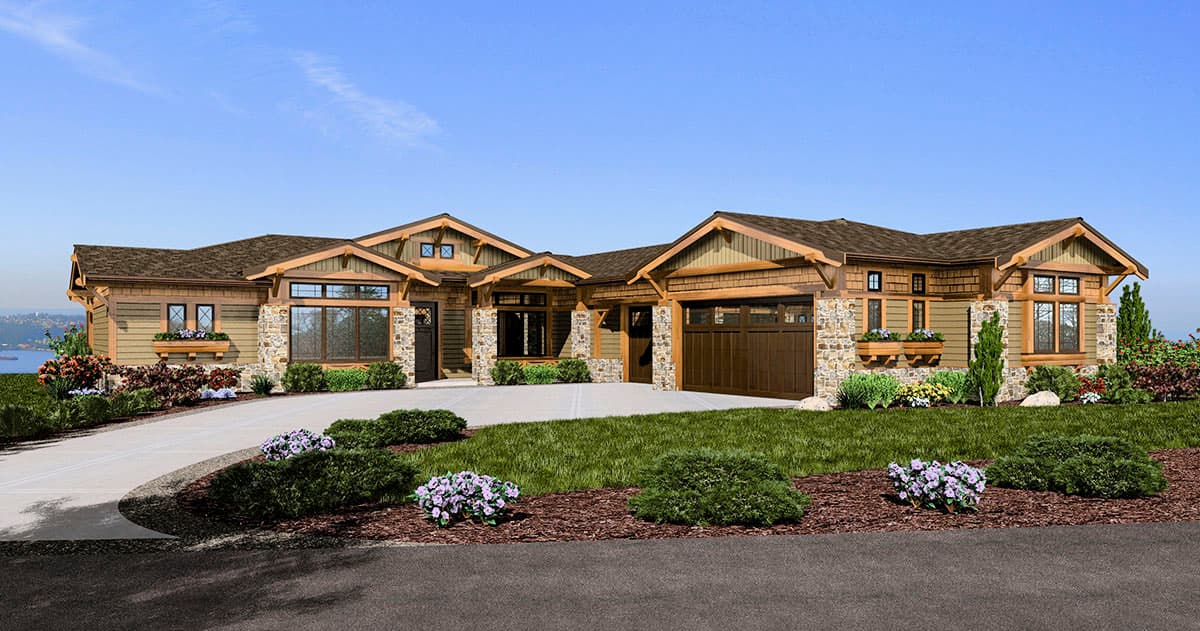 House plan exterior. Craftsman-style, single-story home with stone accents, exposed rafter tails, and a front-entry garage.