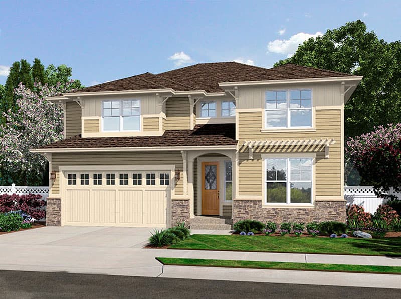 Two-story house plan exterior with a pitched roof, attached garage, covered entry, stone accents, and horizontal siding.