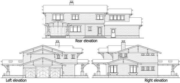 House plan rear elevation shows two stories, covered porch, and dormers. Left and right elevations show a three-car garage and porte-cochere.
