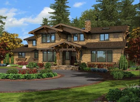 Craftsman style house plan exterior with prominent gables, stone chimney, shingled siding, and a covered entrance.