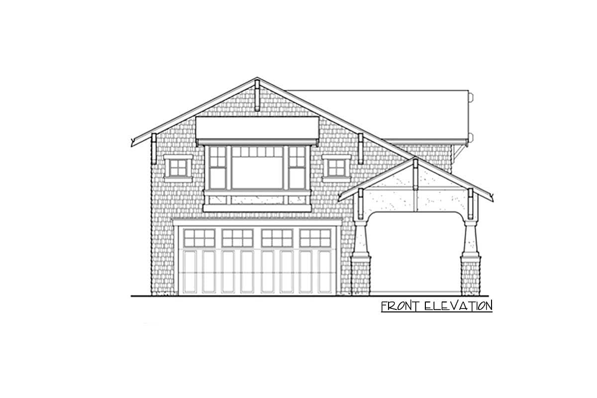 Front elevation drawing of a two-story house plan with a multi-panel garage door and a covered entrance.