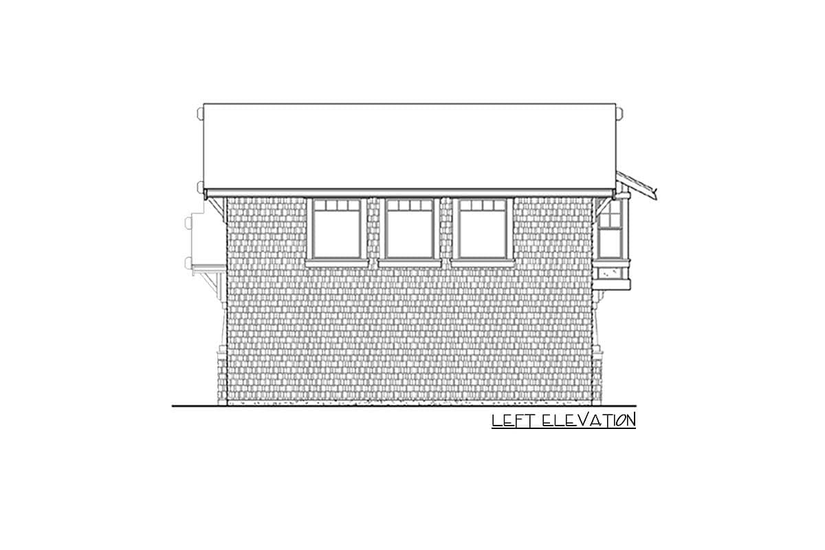 Left elevation drawing of a house plan featuring shingle siding and three prominent windows.