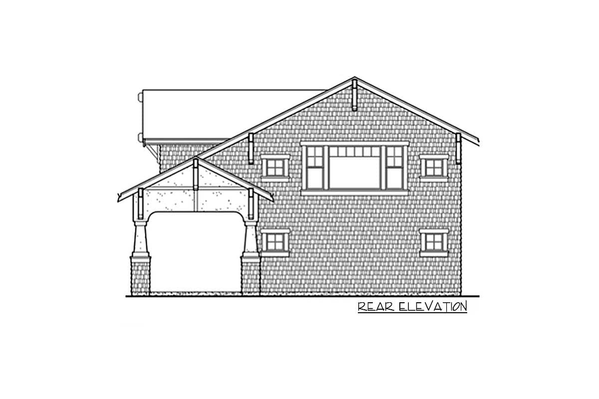 Rear elevation of a two-story house plan with a covered porch, gables, and shingle siding.
