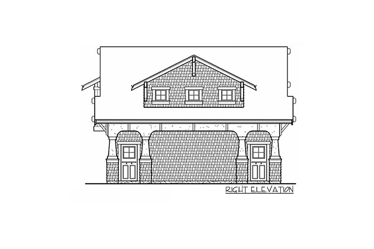 Right elevation house plan with prominent dormer, shingle siding, and double entry doors supported by decorative columns.