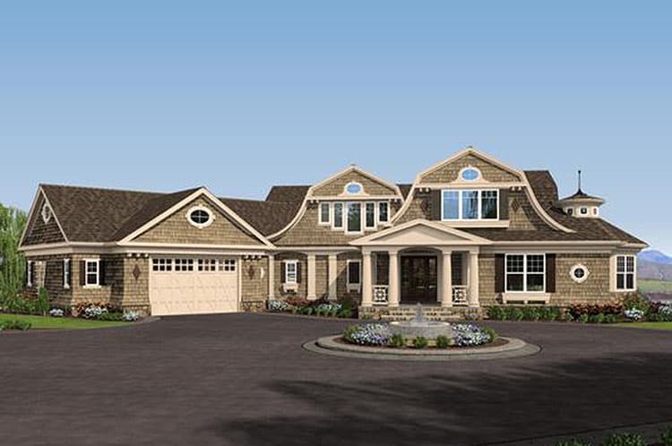 House plan exterior with gambrel rooflines, a prominent entrance portico, dormers, and a three-car garage.