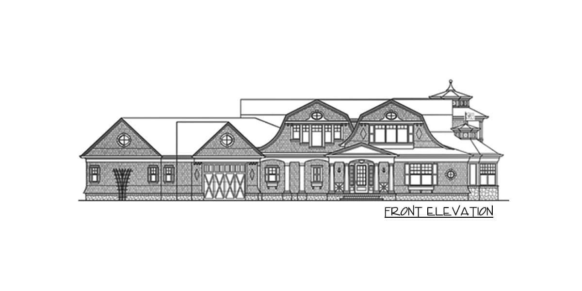 Front elevation drawing of a two-story house with multiple gables, a porte-cochère, and a central dormer.