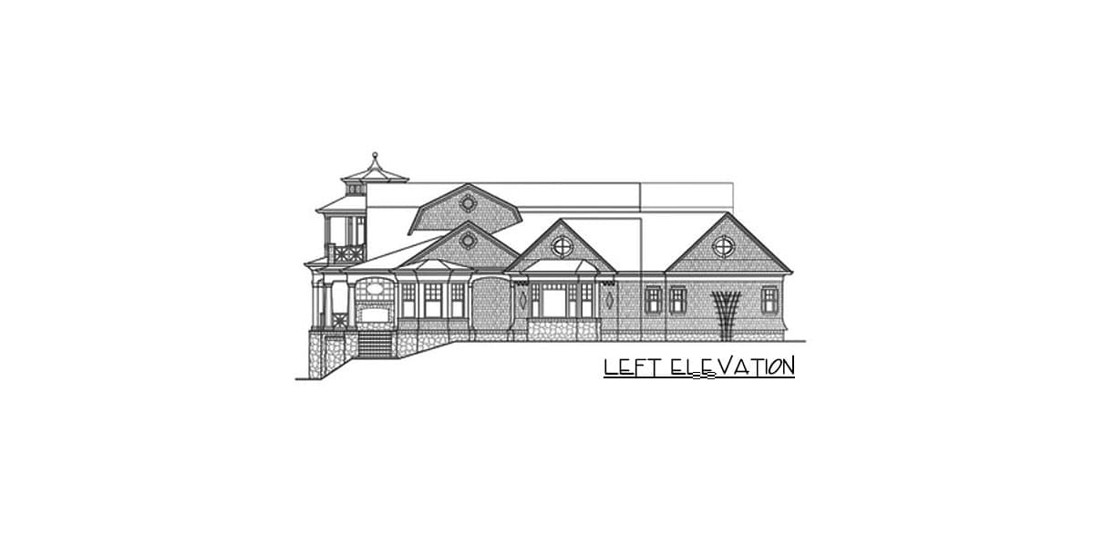 Left elevation drawing of a house plan featuring multiple gables, a covered porch with decorative railing, and stone foundation.