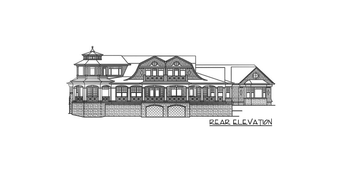 Rear elevation of a multi-story house plan featuring a wraparound porch, dormers, and stone base with garage doors.