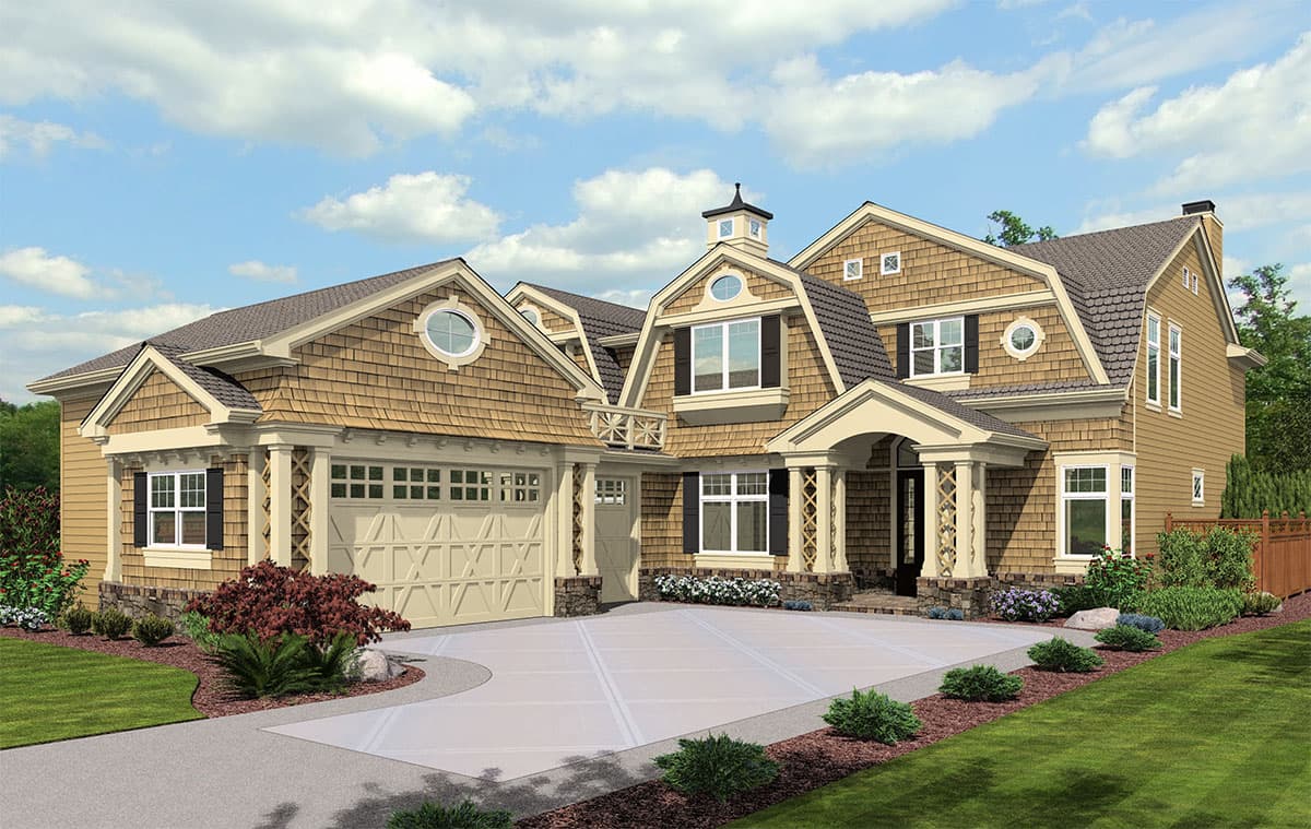 House plan exterior: Two-story home with multi-gable roof, cedar shake siding, large garage, and covered entry.