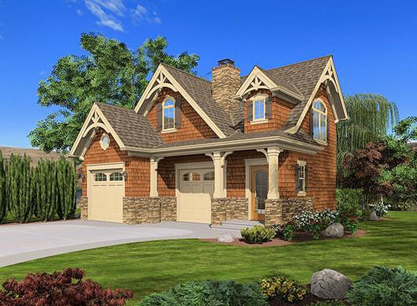 House plan exterior: Craftsman style, 1.5 stories, with gable dormers, stone base, and covered porch.
