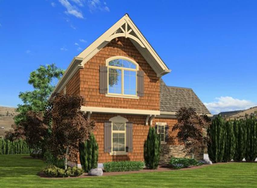 House plan exterior: Two-story modern farmhouse with shake siding, prominent gables, arched window, and stone accents.