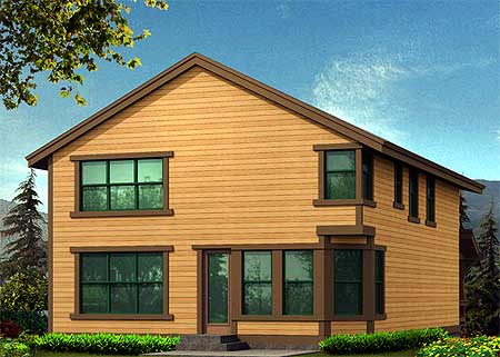 House plan exterior: two-story home with horizontal siding, prominent gables, and multiple dark-trimmed windows.