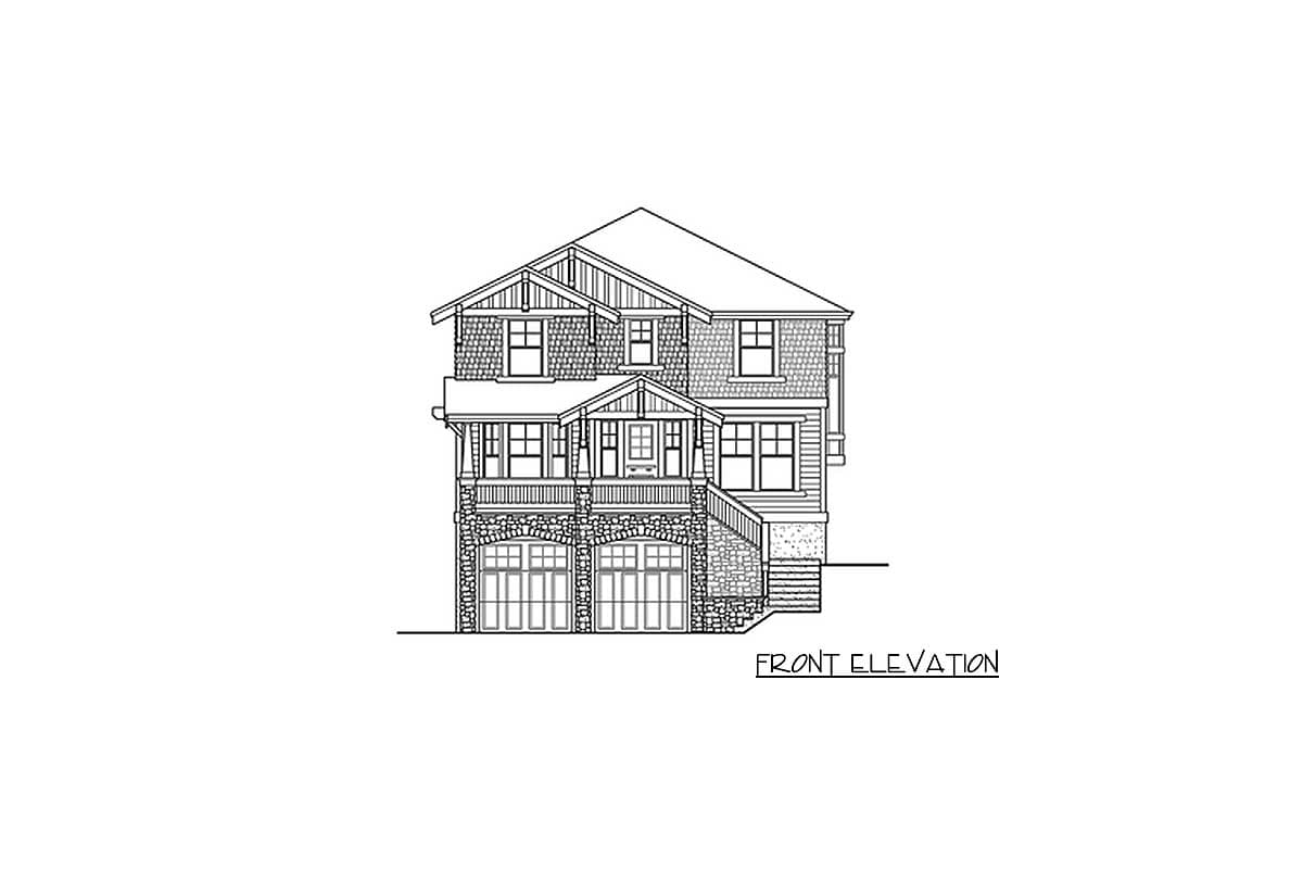 Front elevation drawing of a two-story house plan with a stone base, double garage, covered porch, and gables.