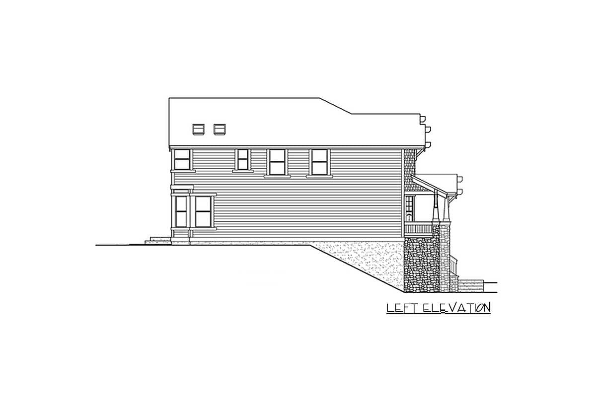 Left elevation house plan drawing showing two stories, siding, stone foundation, and covered porch.