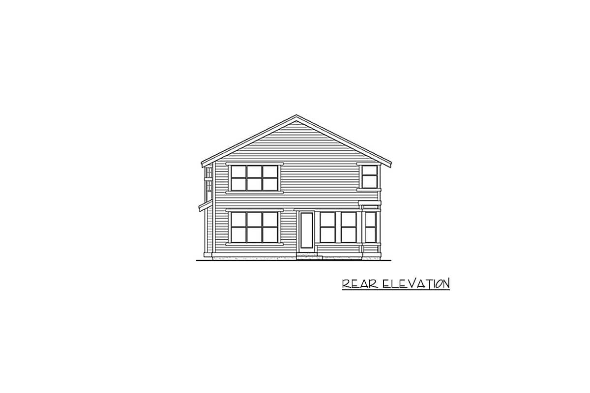 Rear elevation drawing of a two-story house plan with horizontal siding, multiple windows, and a prominent gable roof.
