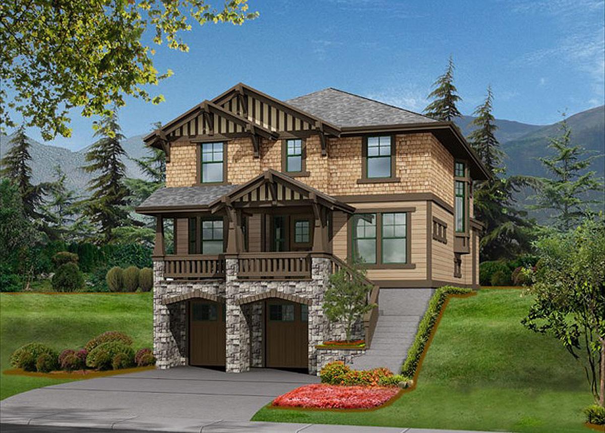 Craftsman style house plan exterior with stacked stone base, two garage doors, large covered porch, and multiple gables.
