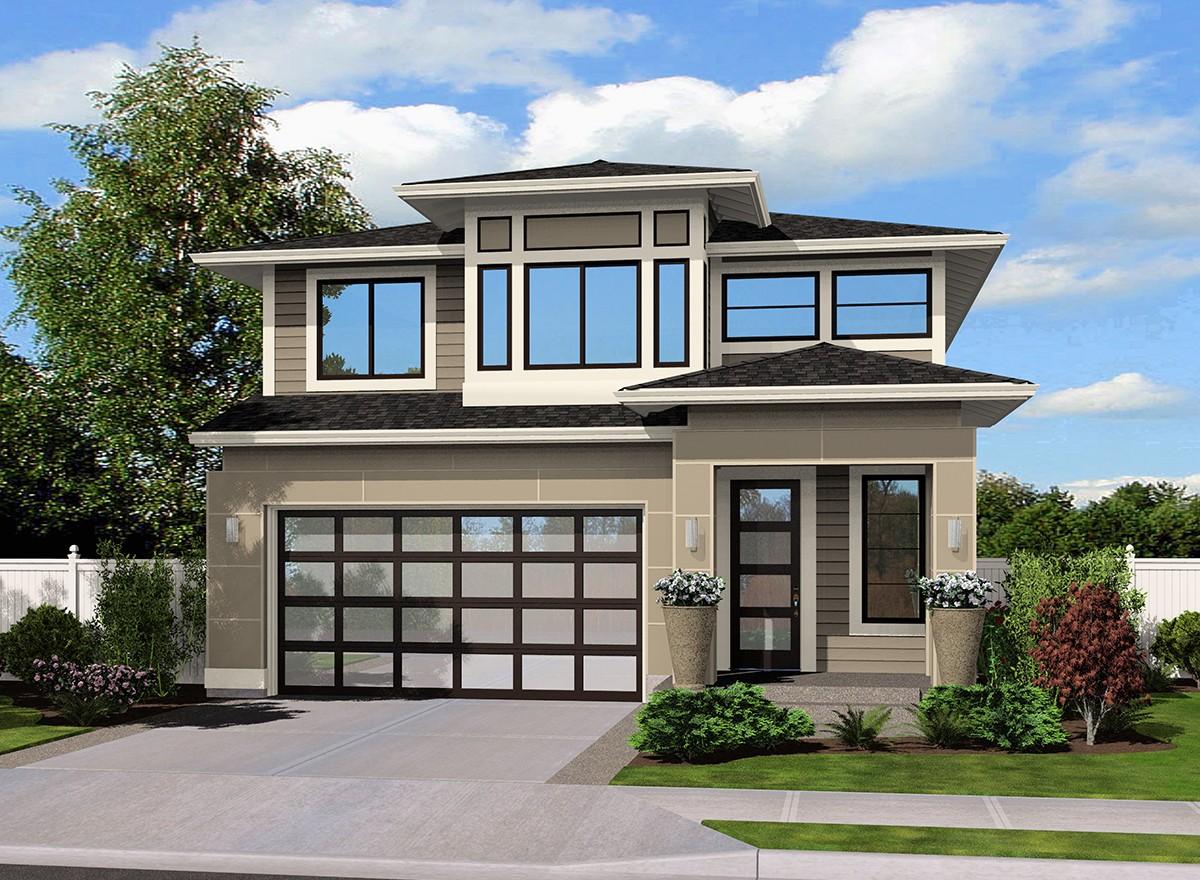 Modern two-story house plan exterior with layered rooflines, large windows, and attached garage with glass panels.