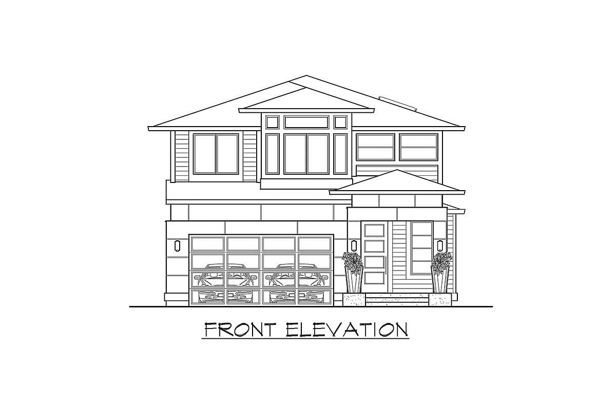 Front elevation house plan: two stories, pitched roof, double garage, covered porch with double doors.