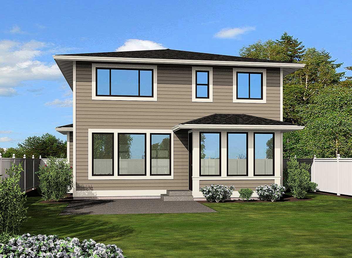House plan exterior of a two-story home with a hipped roof, large windows, and horizontal siding.