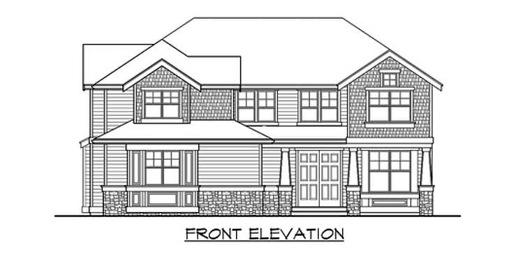 Front elevation drawing of a two-story house plan with gabled dormers, bay window, stone foundation, and covered entry.