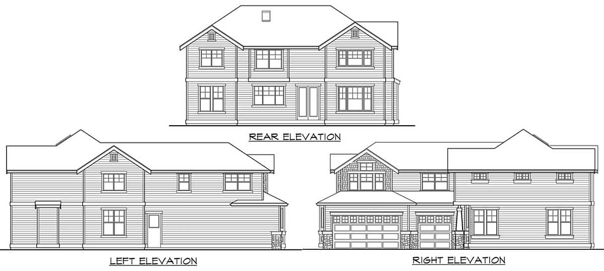 Front, rear, left, and right elevations for a two-story house plan with gabled dormers and a three-car garage.