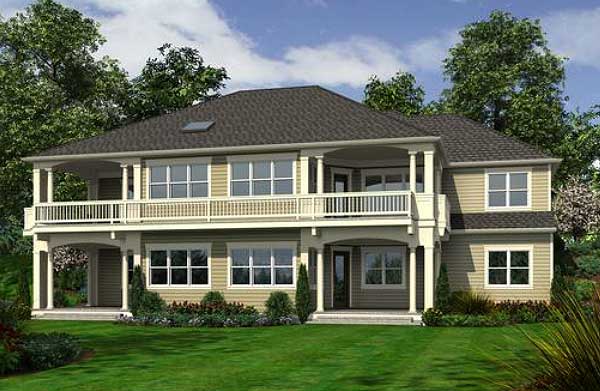 House plan exterior, two stories, with wraparound balcony, covered entryway, and multiple gables.