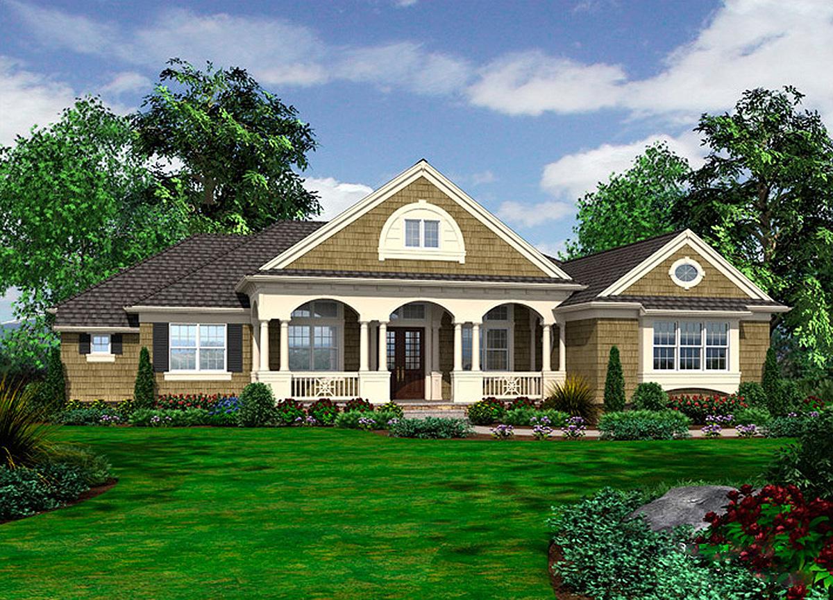 House plan exterior: one-story home with arched porch, double front doors, and prominent gables.