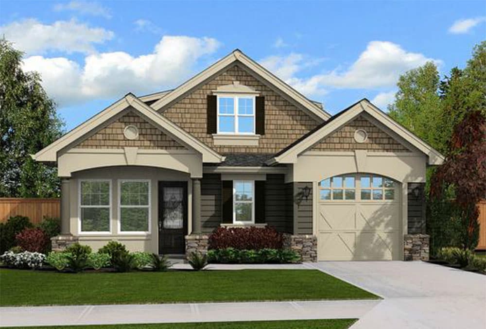 House plan exterior: Craftsman style, one story, with covered entry porch, gables, dormer, and arched garage door.