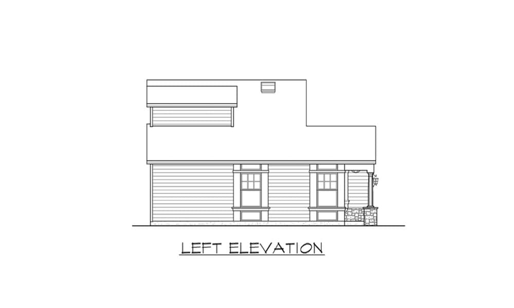 Left elevation drawing of a house plan showing two windows and a porch with stone detailing.