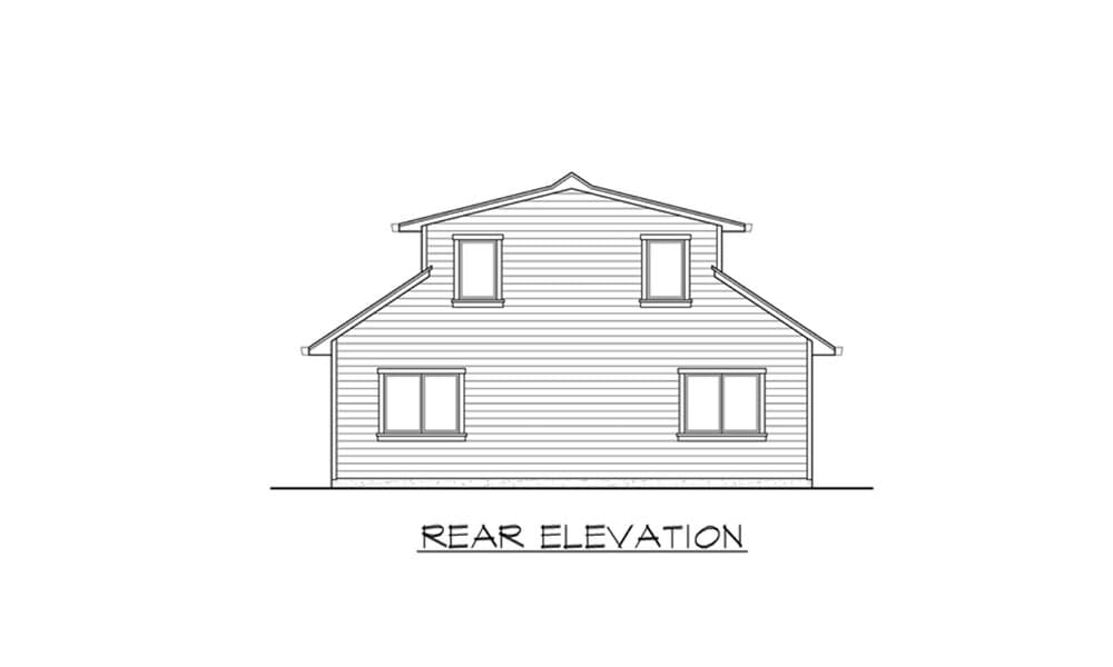 Rear elevation drawing of a two-story house plan with horizontal siding and six windows.