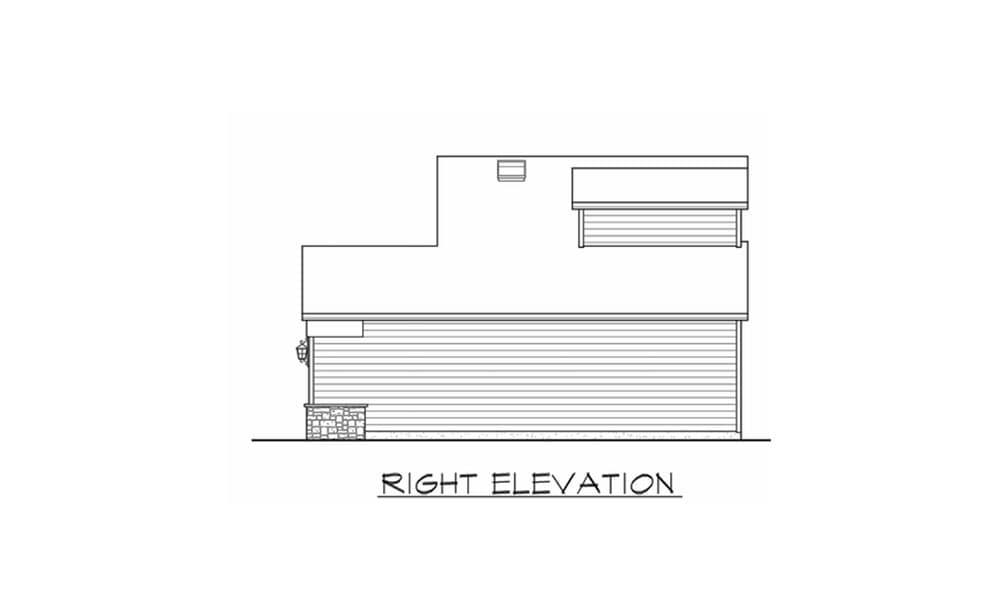 Right elevation drawing of a house plan. Features include horizontal siding, stone base, and varied roof heights.
