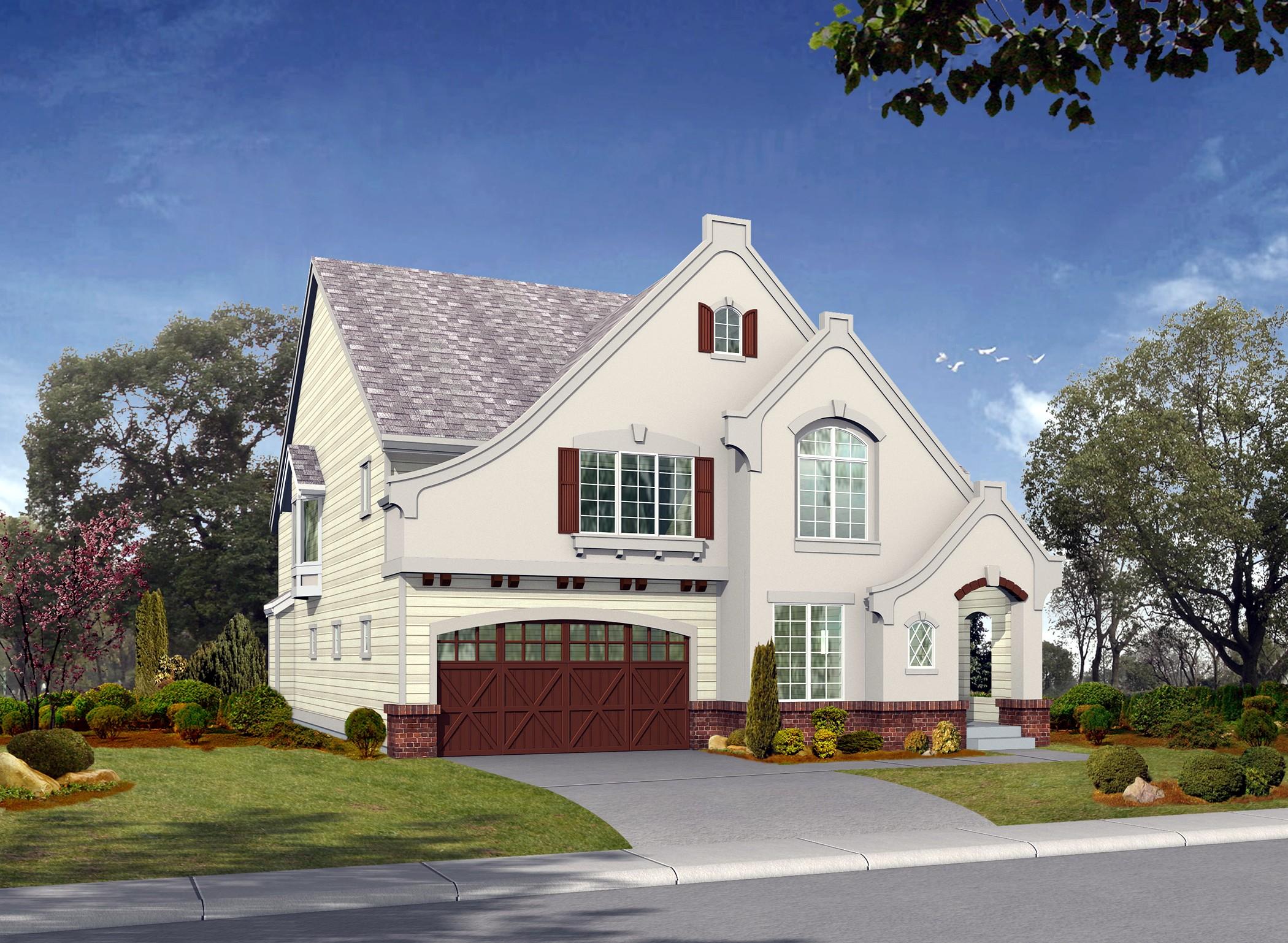 House plan exterior: Two-story home with stucco facade, gambrel rooflines, arched entry, and a two-car garage.