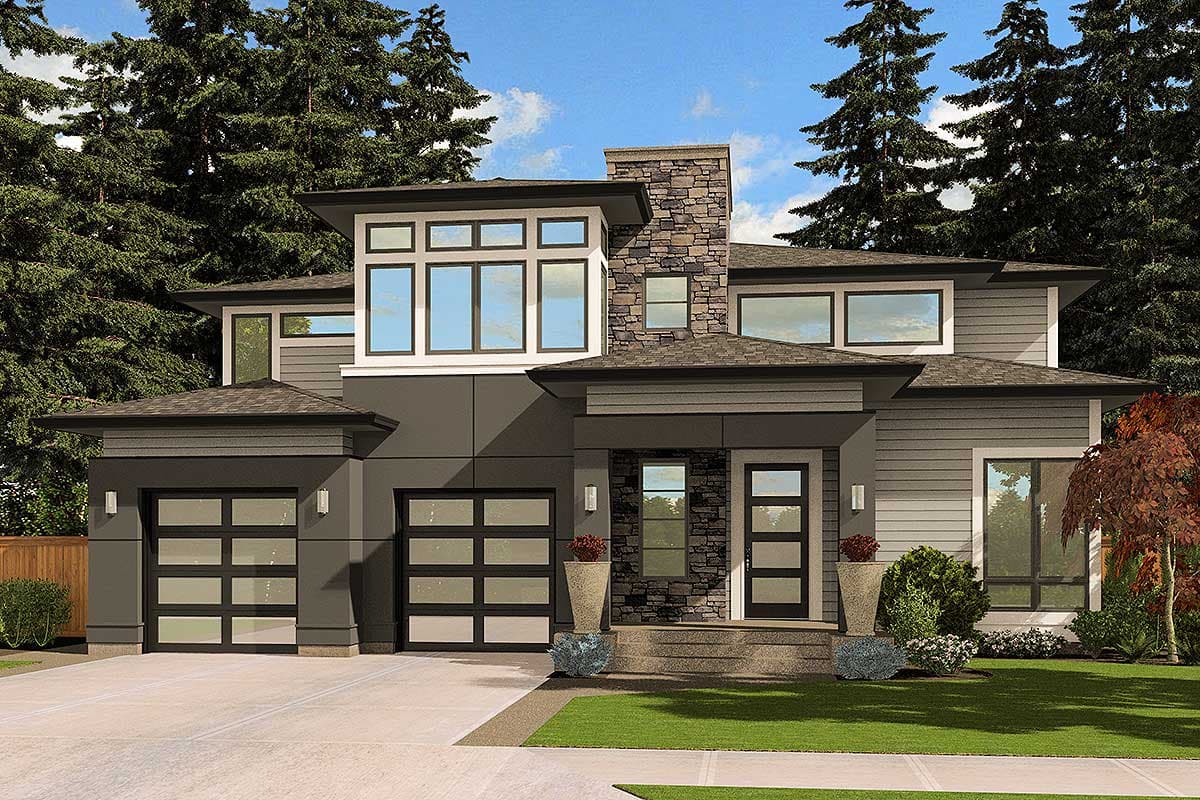 Modern house plan exterior with a stone chimney, gabled roof, two glass garage doors, and a covered entryway with glass panel doors.