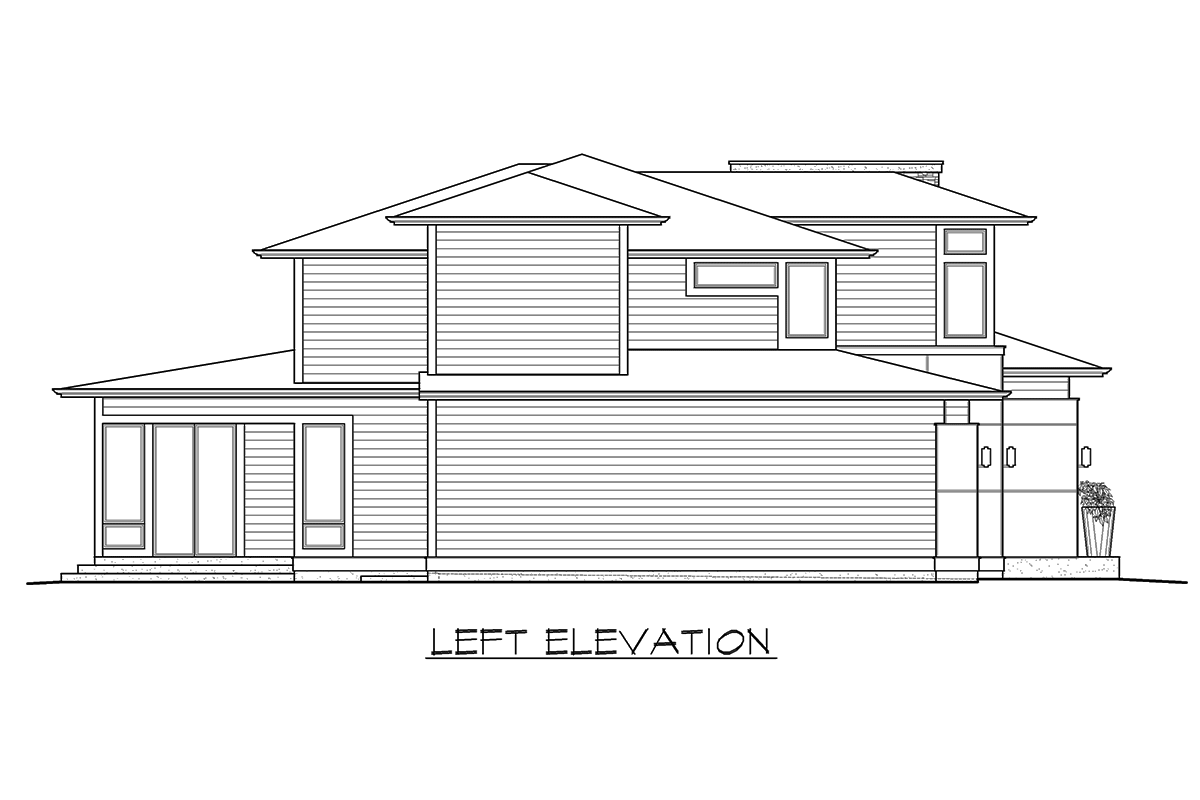 Left elevation house plan showing two stories, horizontal siding, intersecting rooflines, and large windows.