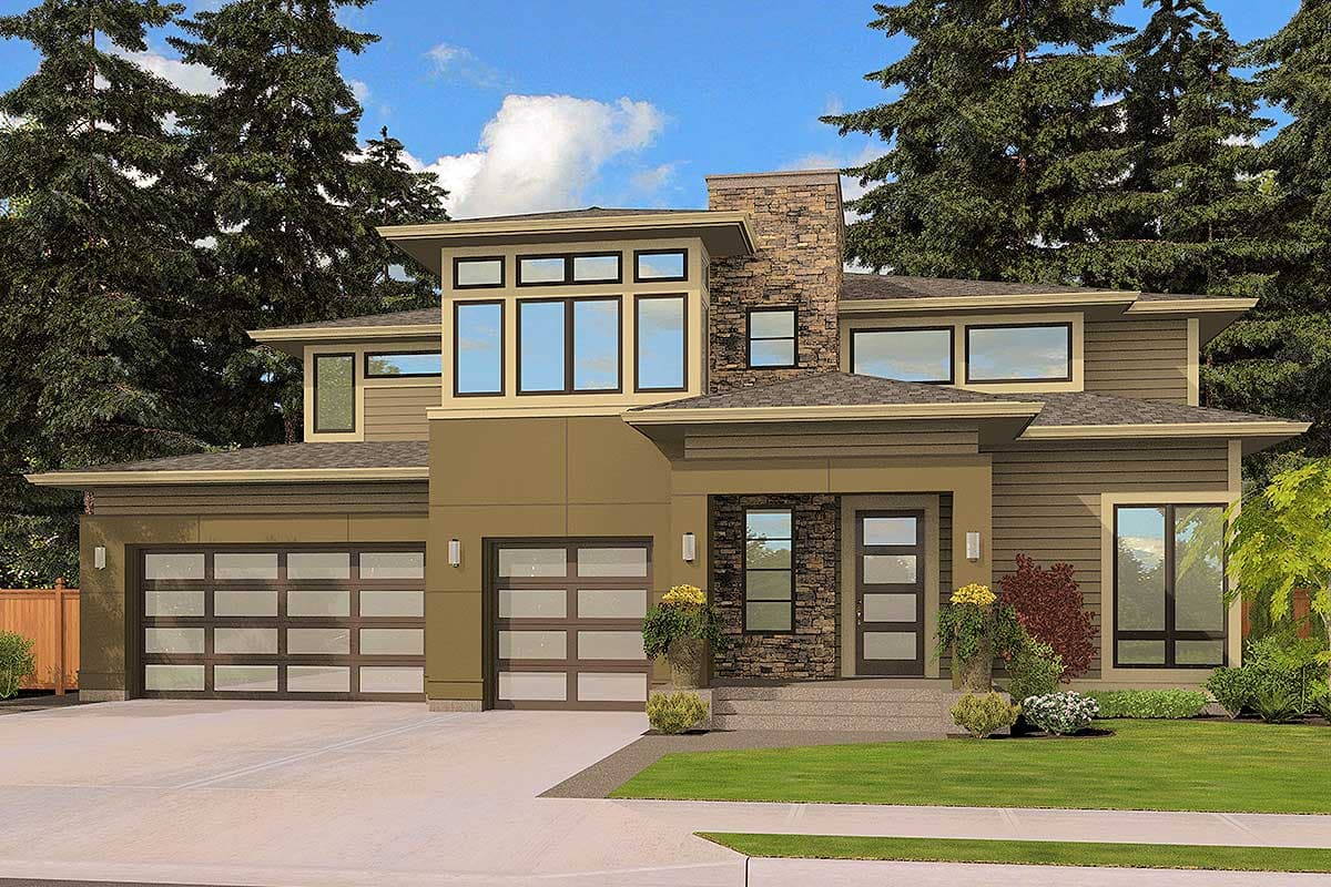Modern two-story house plan exterior with stone chimney, multiple gables, and two glass-panel garage doors.