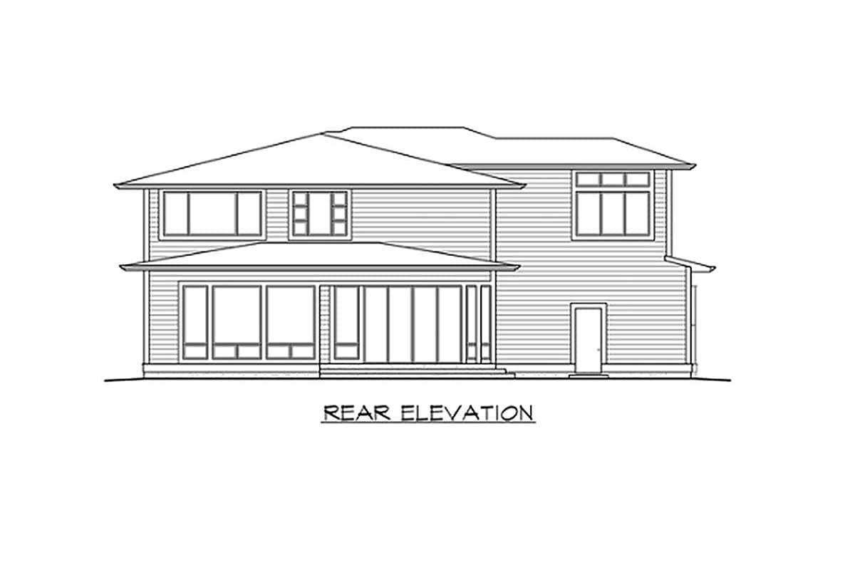 Rear elevation drawing of a two-story house with large windows on the first floor and a small door on the right.