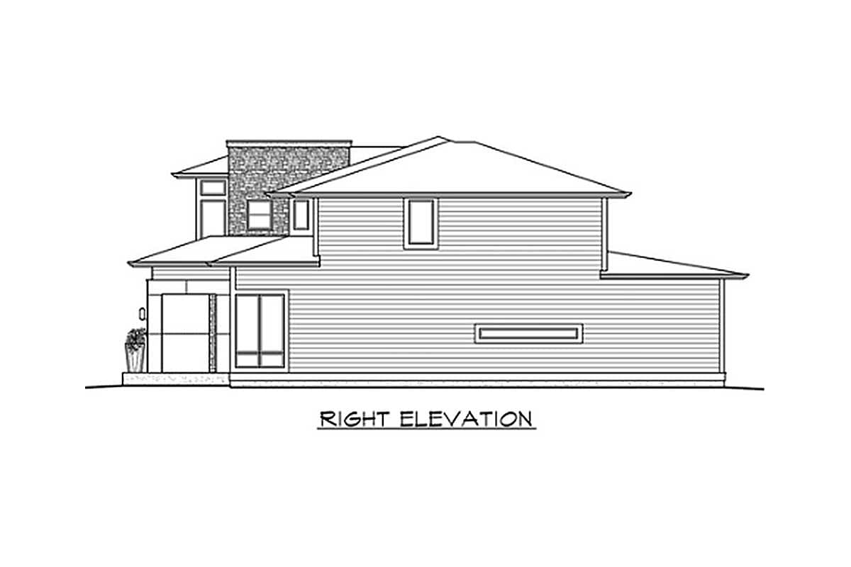 Right elevation drawing of a two-story house plan with hip roof, horizontal siding, and stone accent.