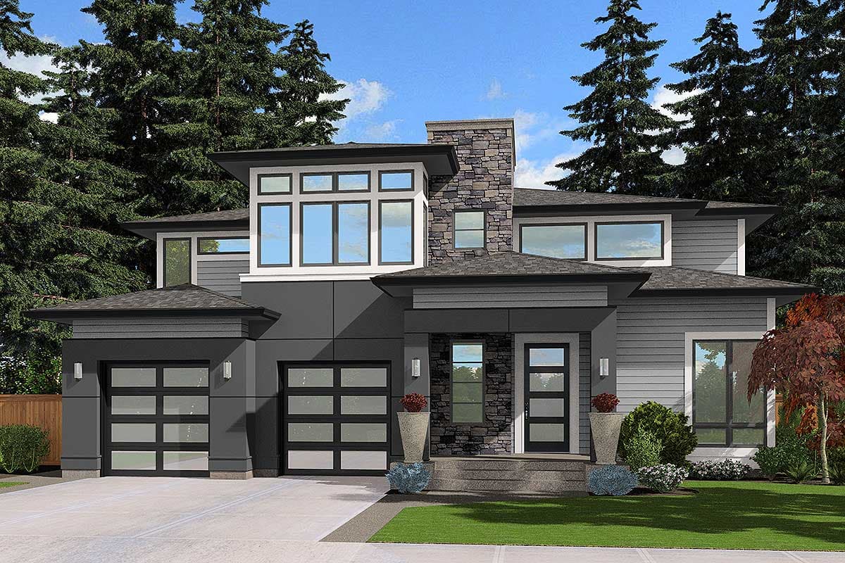 Modern two-story house plan exterior with flat roof, stone chimney, and glass garage doors.