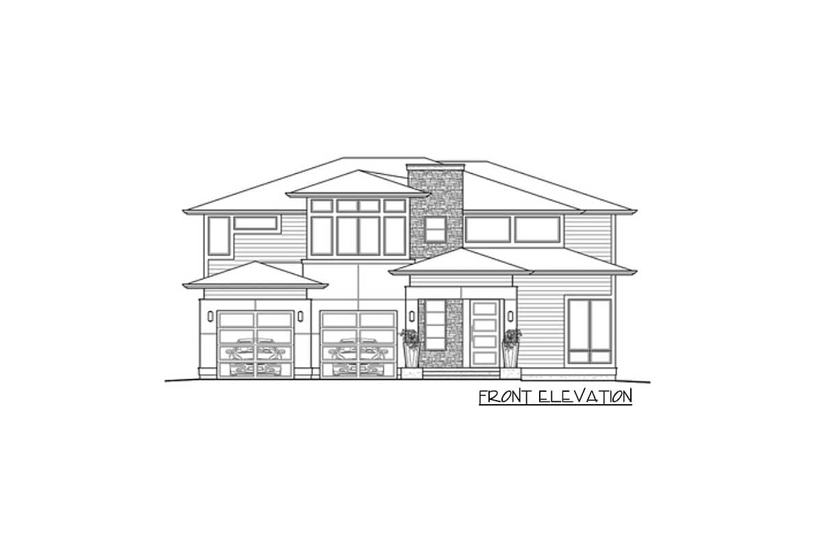 Front elevation house plan drawing for a two-story home with multiple garage doors, prominent rooflines, and stone accents.