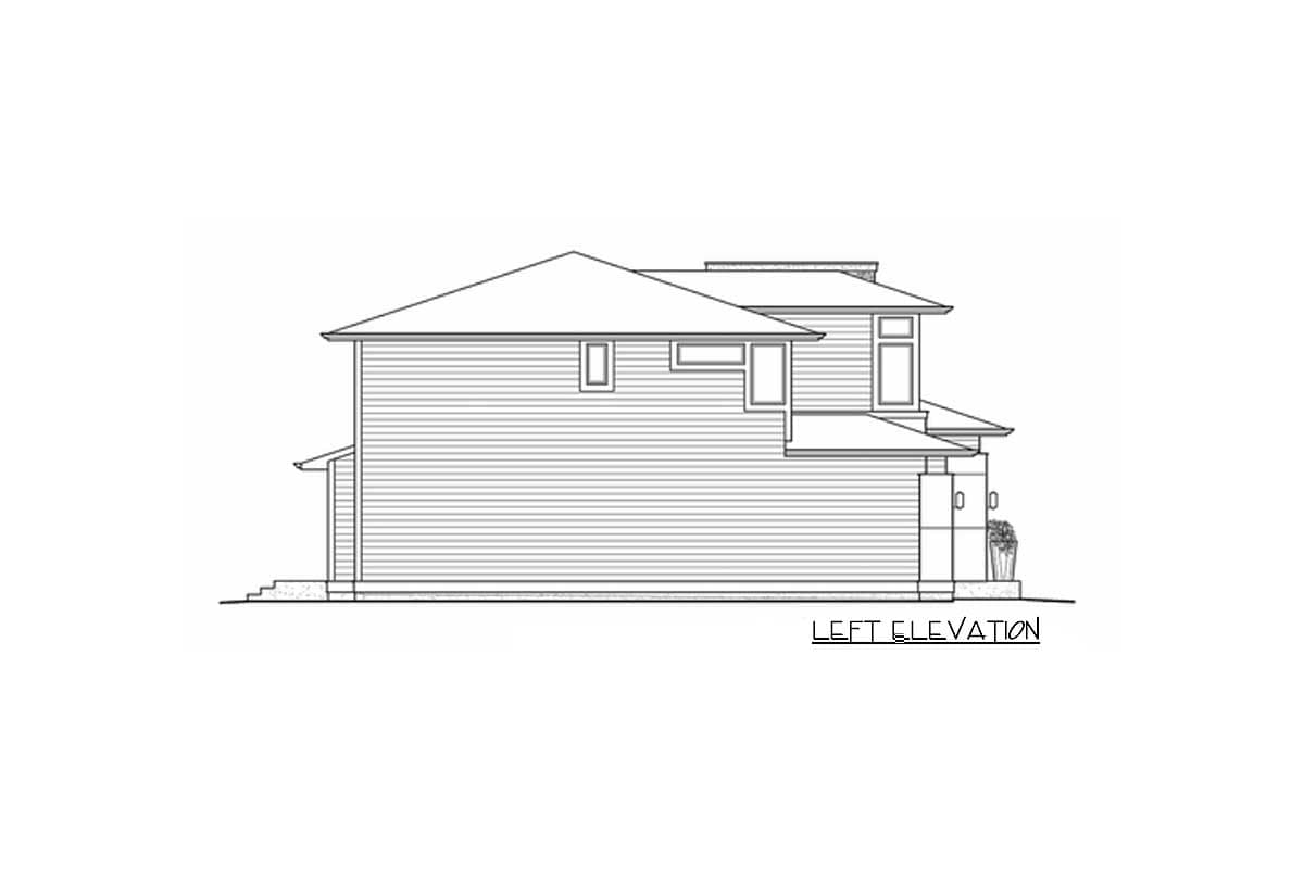 Left elevation house plan drawing showing a two-story structure with horizontal siding, varied rooflines, and multiple windows.