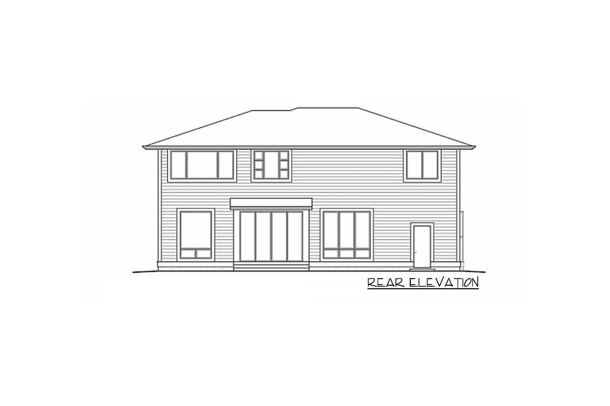 Rear elevation drawing of a two-story house with horizontal siding, multiple windows, and a sliding glass door.