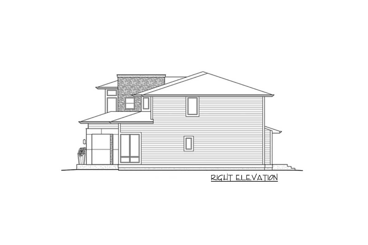 Right elevation house plan drawing shows a two-story home with horizontal siding, a stone accent on upper level, and varied rooflines.